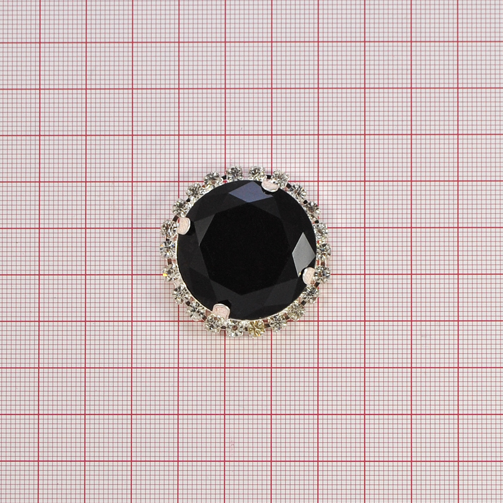 Украшение стеклянное  CR-25 /пуговица Перстень/ 36мм NIKEL,  крупный черный камень. Пуговица Декор