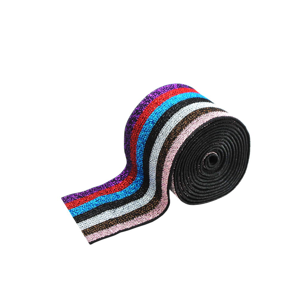 Резинка люрекс Полосы 4см, фиолетовый, красный, голубой, черный, белый, коричневый, серебряный люрекс, 50ярд. Резинка