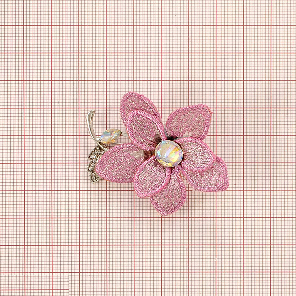 Брошь Цветок, никель, розовые и белые камни, шт. Броши