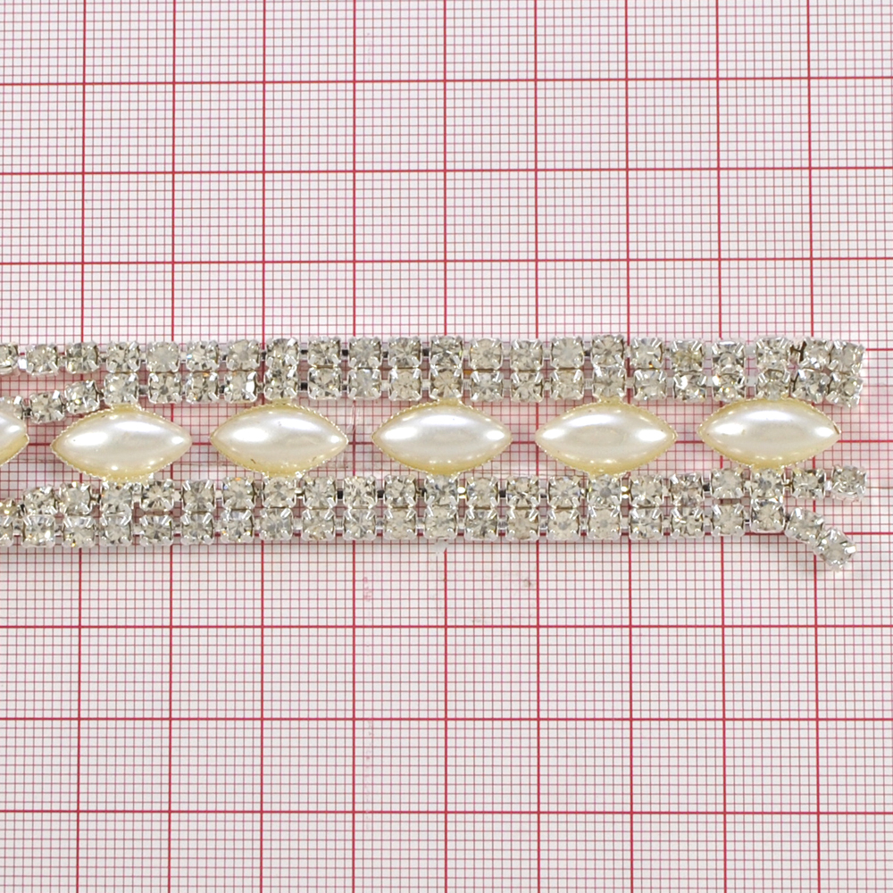 Тесьма стразы Узор с перламутром, 2,2см, никель, белый, жемчужный, ярд. Тесьма из страз