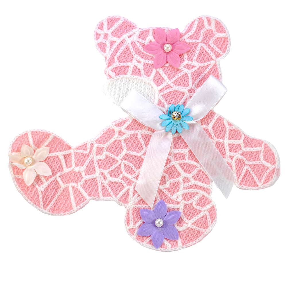 Аппликация круж. приш. со стразами Мишка 17,5*19см, белый, св.-роз., цветочки, жемчуг, шт. Аппликации Пришивные Кружевные Вязаные