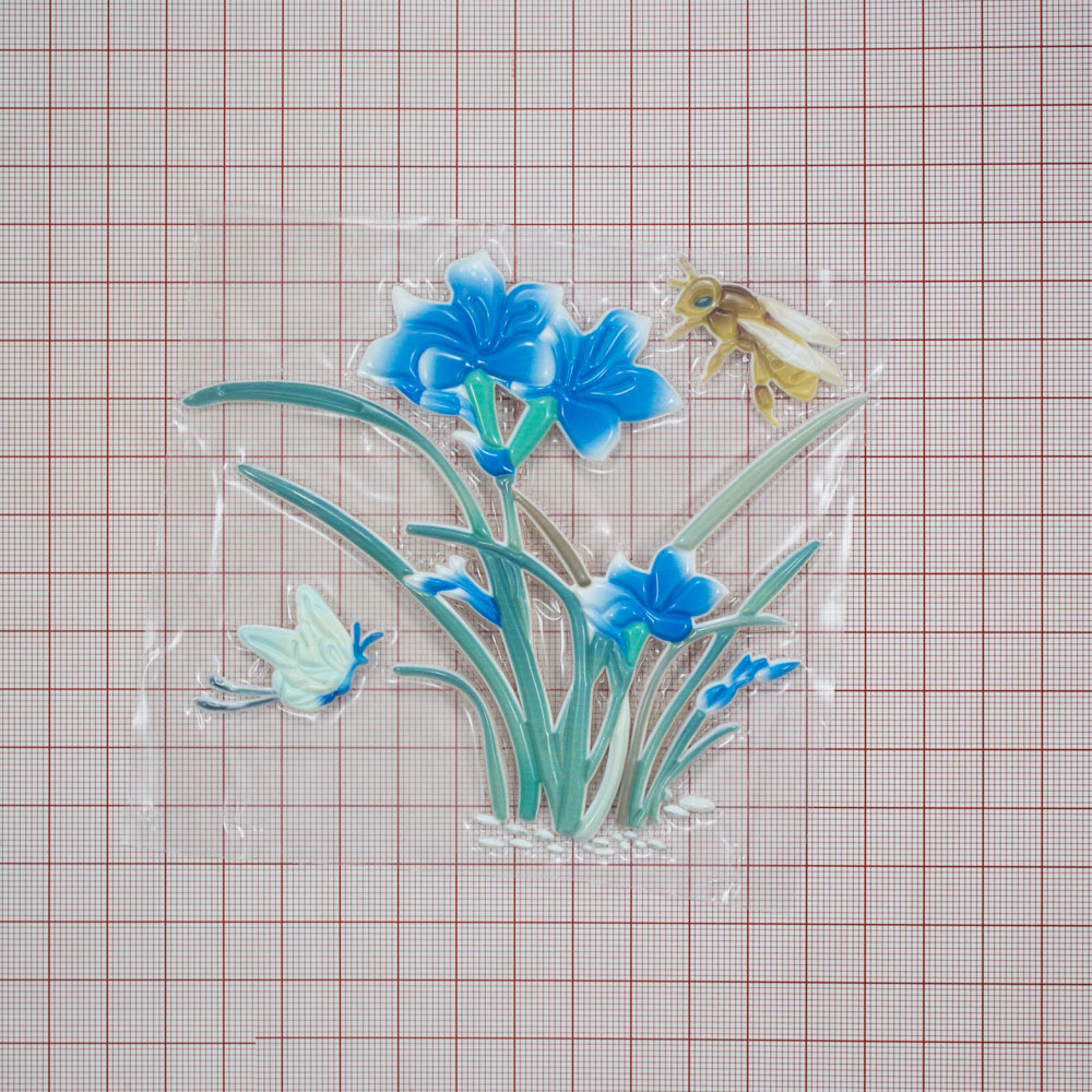 Термоаппликация резиновая 6076 Василек Синий и Пчела 11,8*10,5см зеленый, синий, белый, желтый, шт. Термопереводки Цветы, Птицы