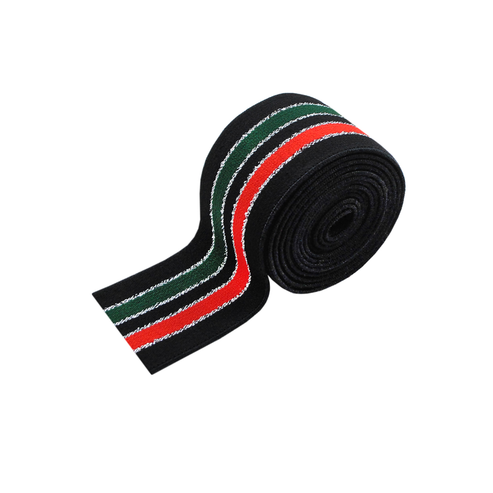 Резинка Полосы 3,8см, черный, красный, зеленый и серебряная нить, 50ярд. Резинка