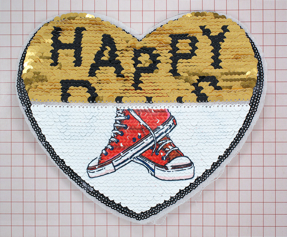 Аппликация пришивная пайетки двусторонняя Сердце Кеды Красные/Happy days 21*18см цветные пайетки, шт. Аппликации Пришивные Пайетки