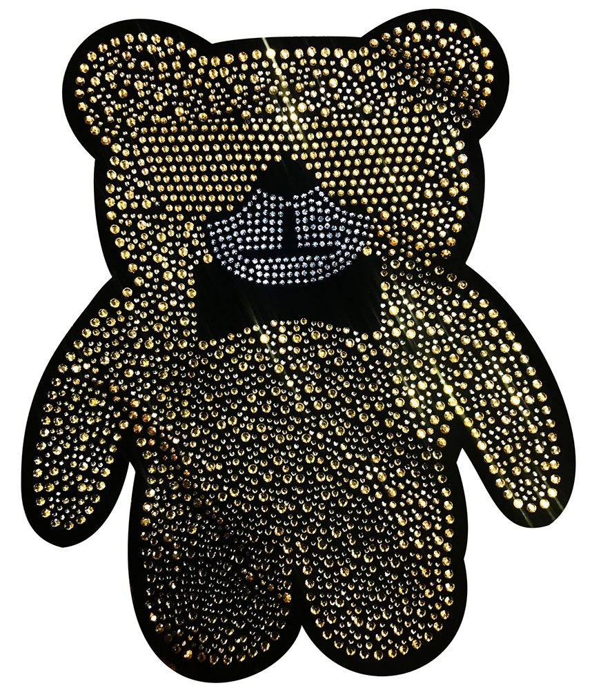 Аппликация клеевая стразы флок Медведь с бантиком 24,5*21см, золото, белый, шт. Аппликации клеевые Стразы