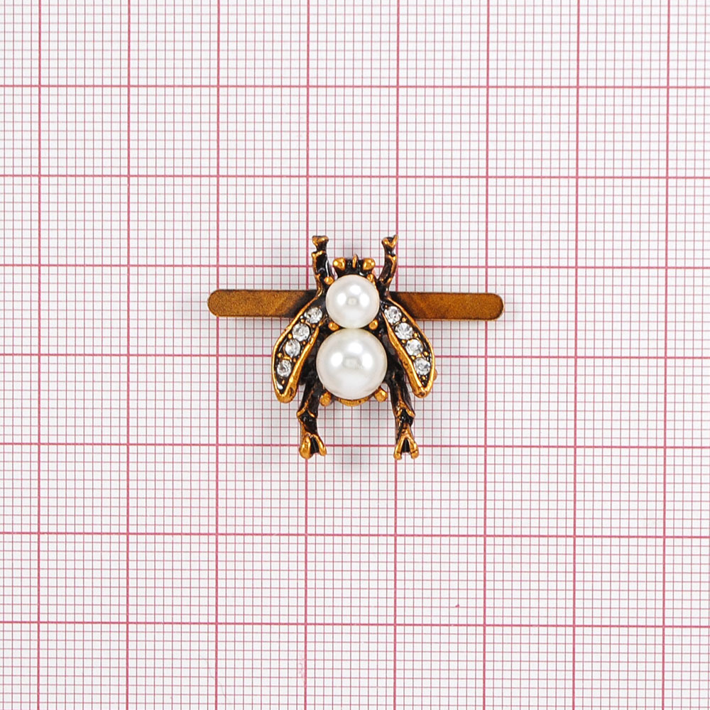 Краб металл Муха в стразах 25*18мм antic gold, белый жемчуг, белые камни, шт. Крабы Металл Цветы, Жуки