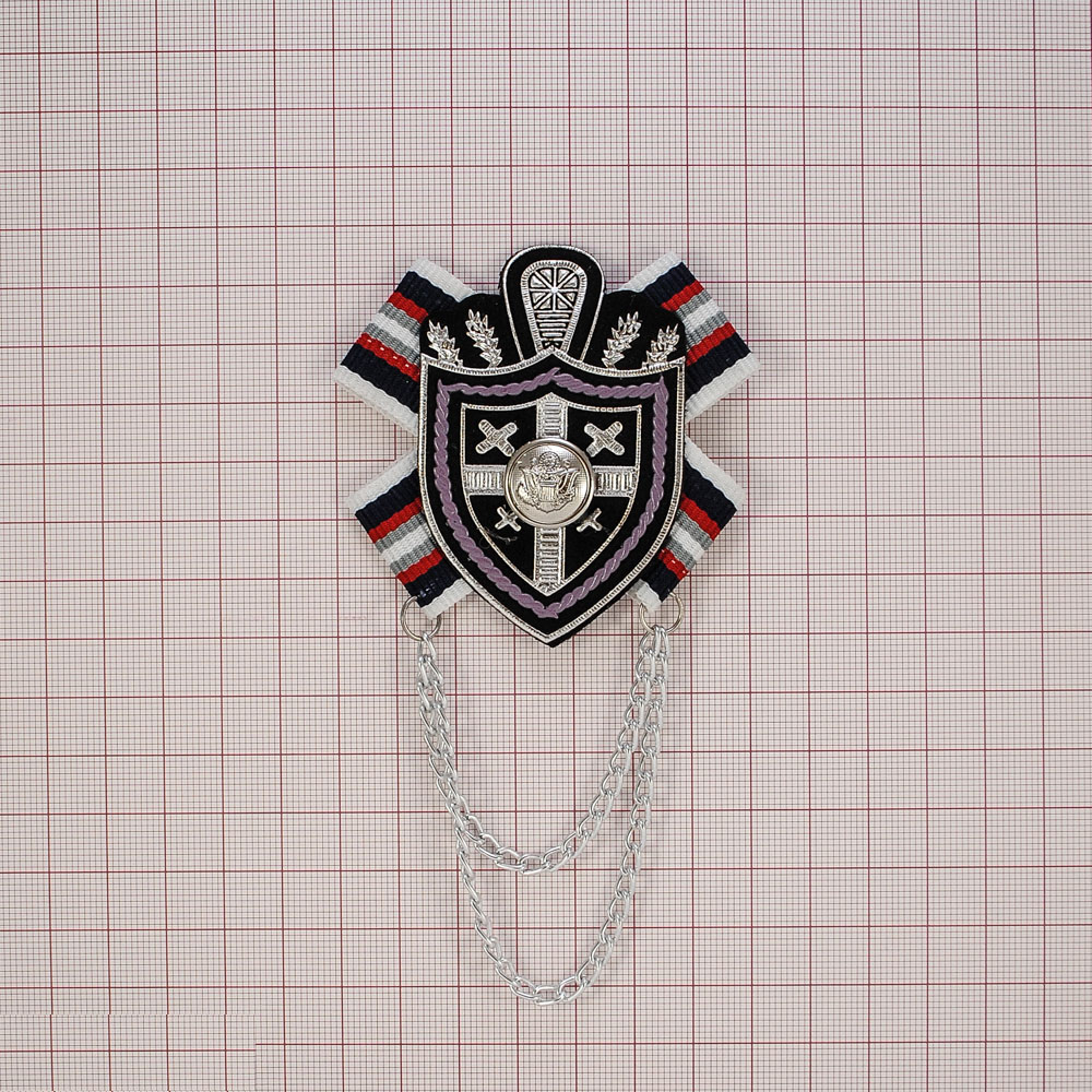 Брошь № 32 ГЕРБ-крестик серебро, пуговица, сине-серо-красная лента, шт. Броши