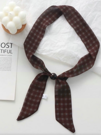 Шарф-галстук тканевый в клетку, 42*4,5см, коричневый, серый, бусина, шт. Украшения