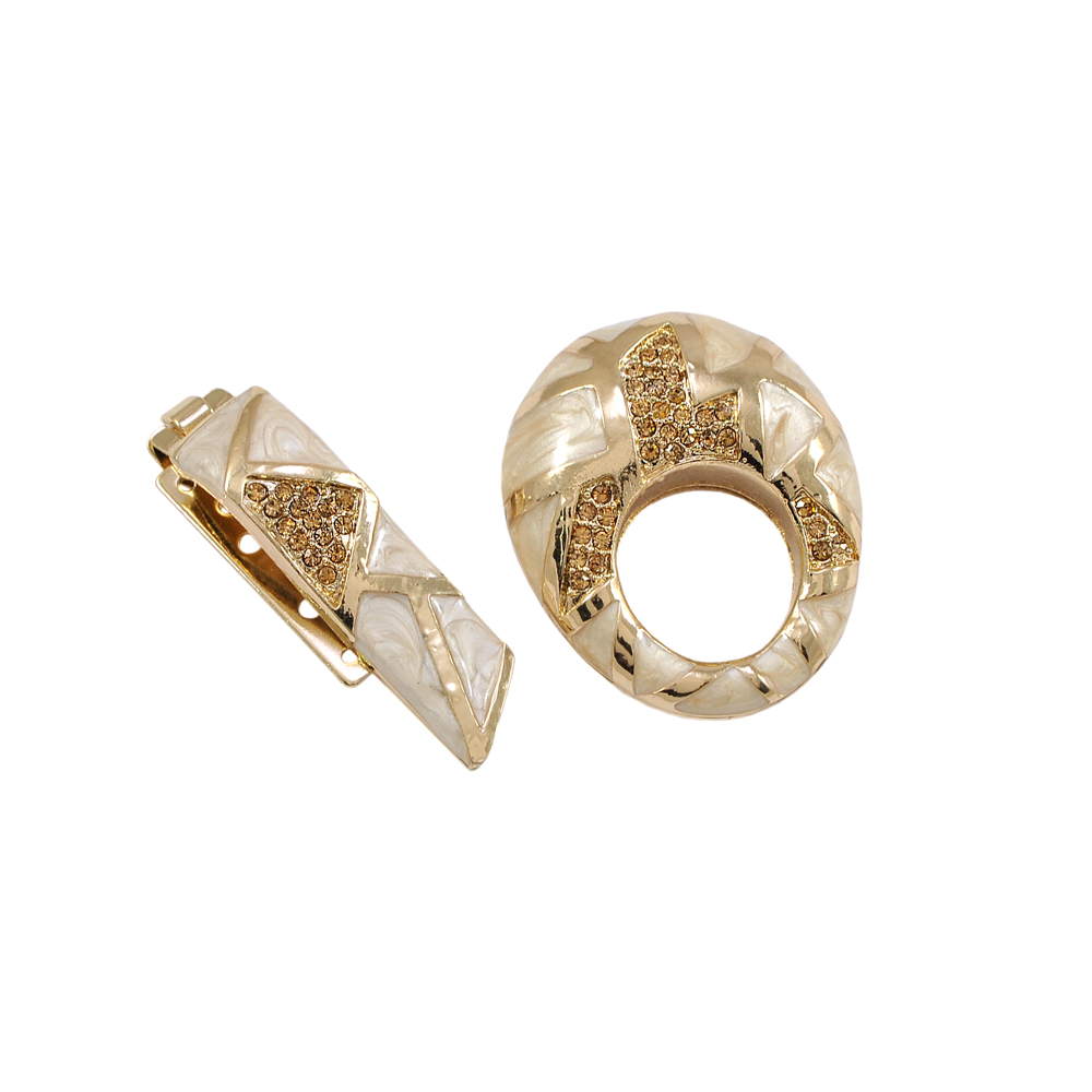Клипса шубная MJ-016 GOLD, топаз камни, белая перламутровая эмаль, шт. Клипсы шубные, крючки