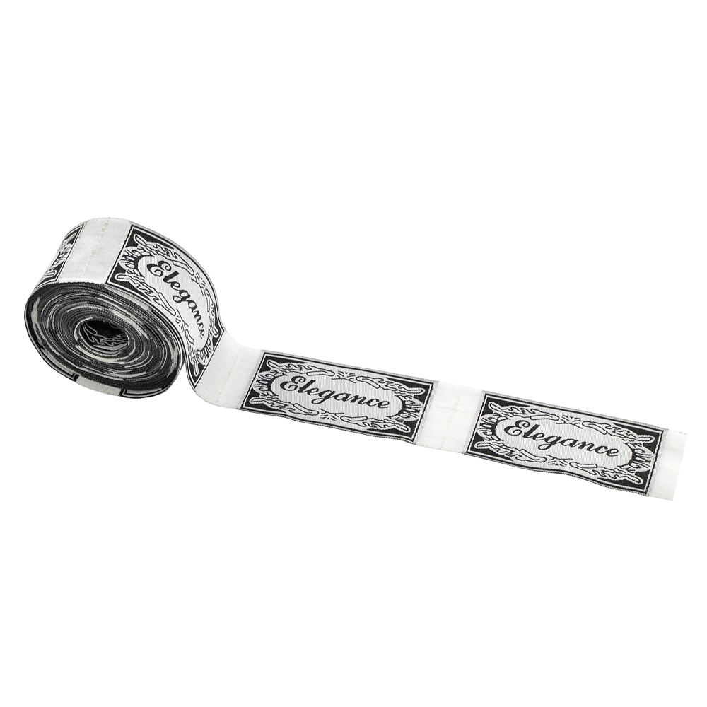 Этикетка тканевая вышитая Elegance № 2, 6,3*2,3см черный на белом /tafta/. Вышивка / этикетка тканевая