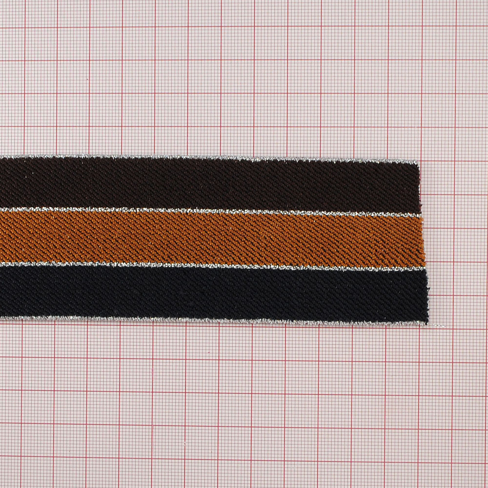 Резинка Полосы 5см, темно-коричневая, светло-коричневая, темно-синяя и серебряная нить, 50ярд. Резинка