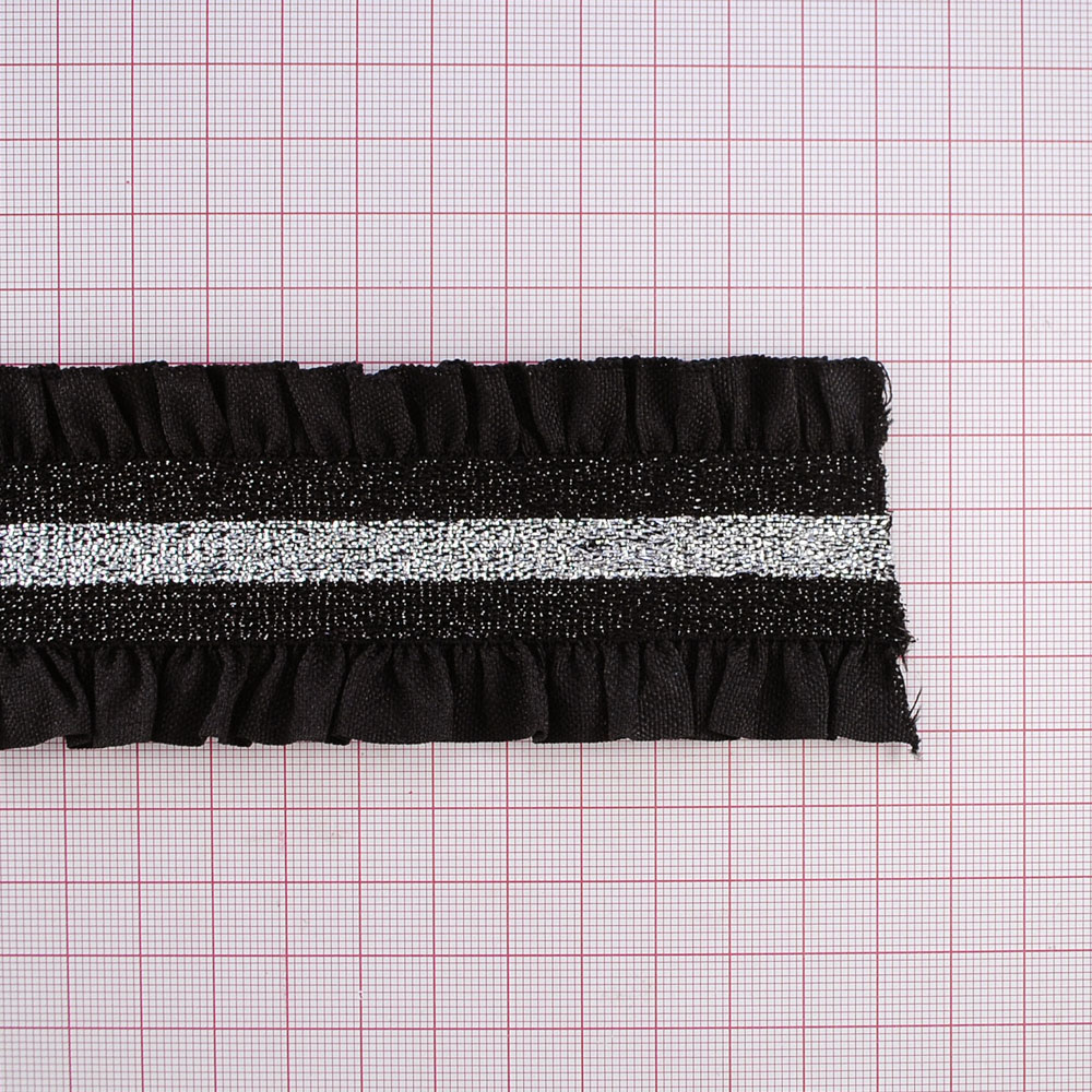 Резинка №35, 5см, черная, Рюш, полоса, серебро, ярд. Резинка