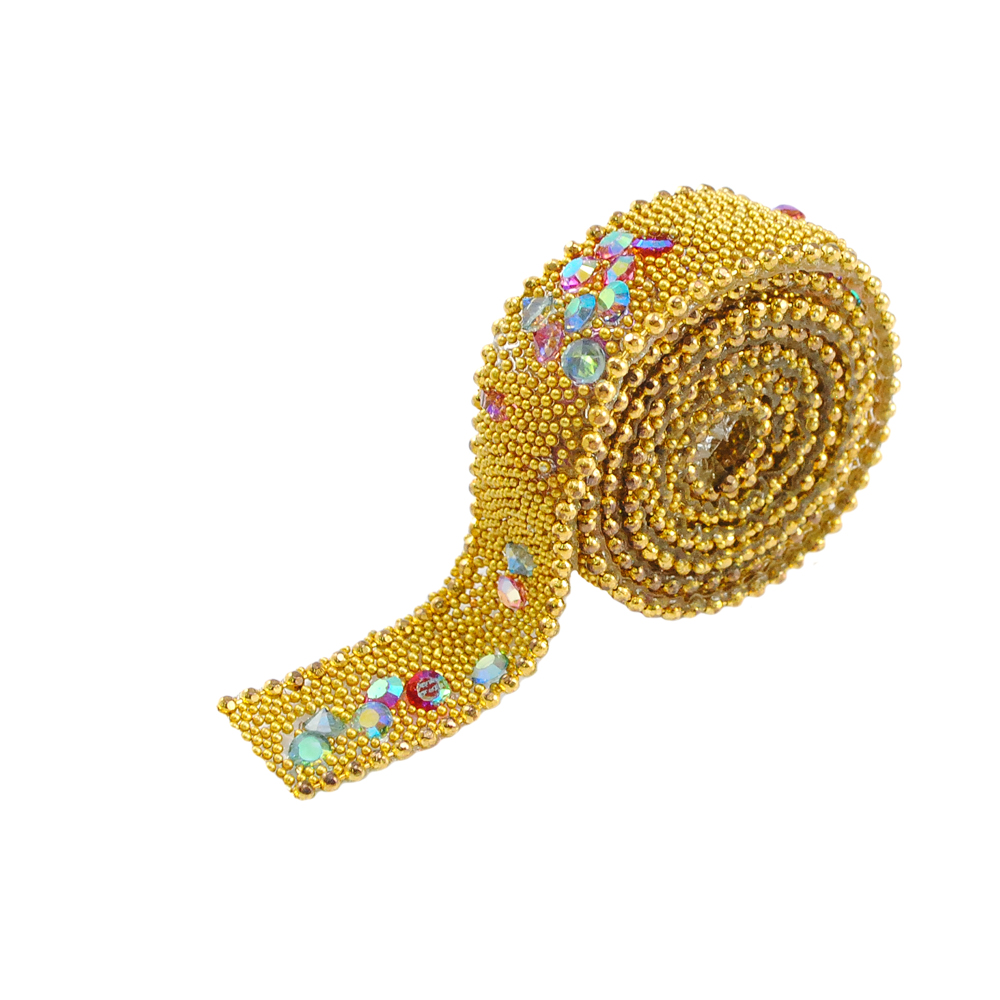 Тесьма стразы клеевые Крупа 13мм цепь GOLD, золото, цветной хамелеон камни, ярд. Тесьма из страз