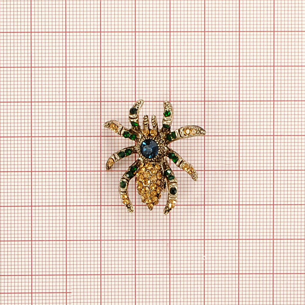 Брошь Тарантул, antique gold, золотые камни, зеленые и темно-синие камни, шт. Броши