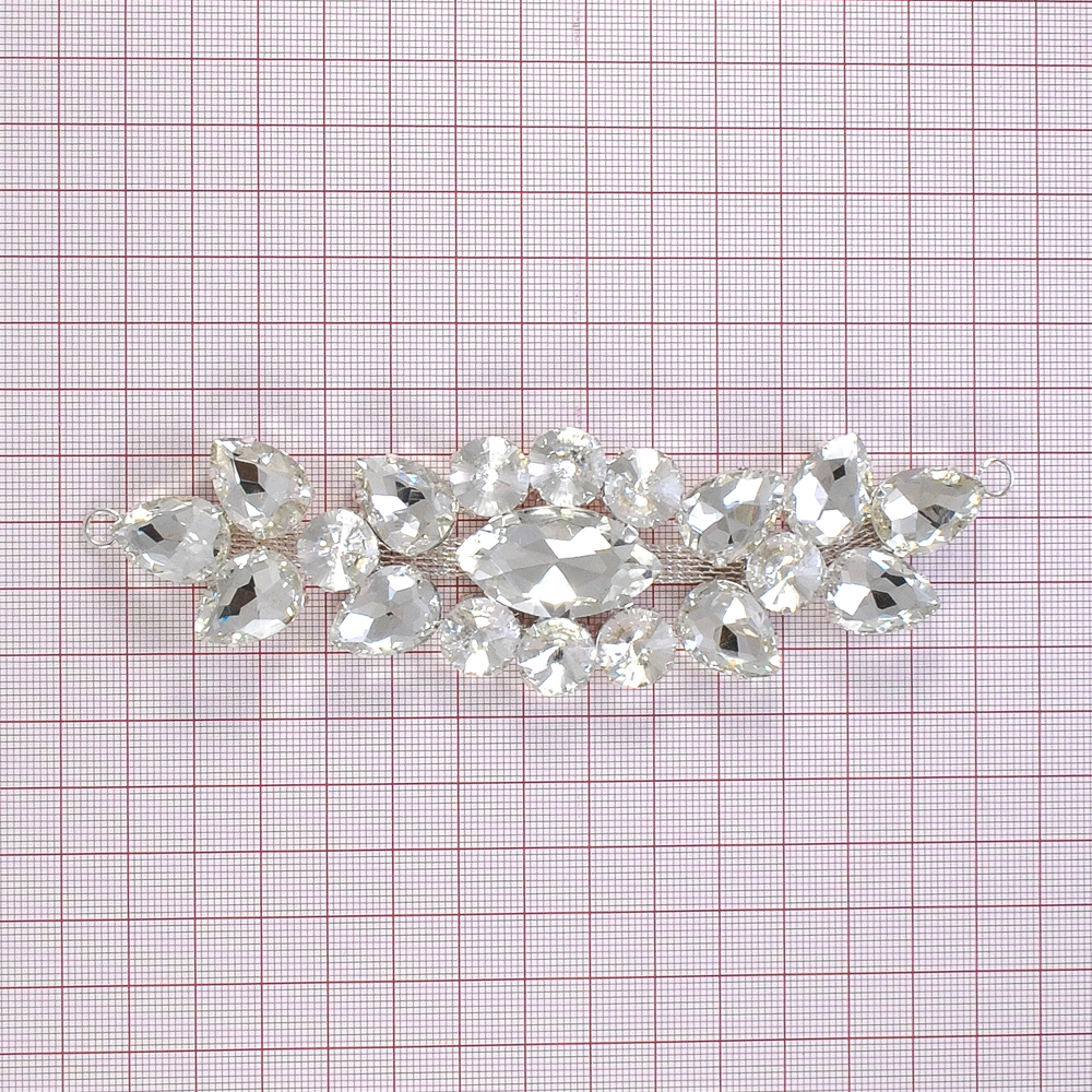 Перетяжка стразы Цветок, 14,5*4см, никель, белые камни, шт. Перетяжка металл со стразами