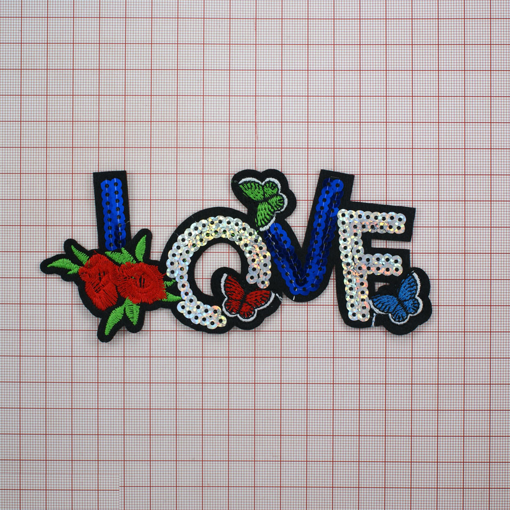 Аппликация клеевая пайетки LOVE 15*7см красные, черные, белые, светло-зеленые, синие нити, синие, серебристые пайетки. Аппликации клеевые Пайетки