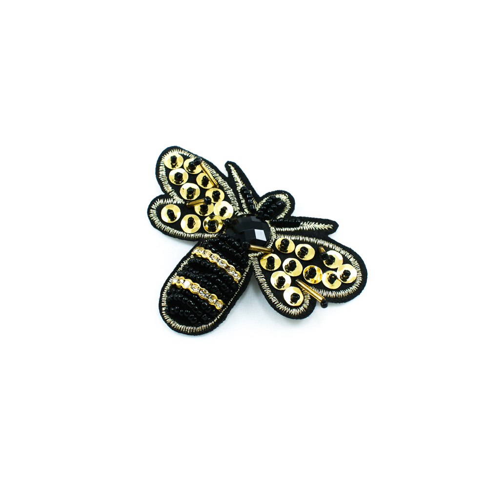 Аппликация пришивная бисер Муха 8,5*7см черный, золотой, золотые пайетки, черный и золотой бисер, шт. Аппликации Пришивные Стразы, Бисер, Металл