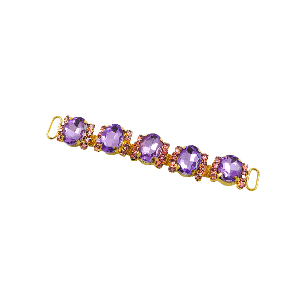Укр.стекл.  9901 перетяж. 9,5*1,2см GOLD (овал), 8 мелк.СИРЕНЕВ.камни, 5 крупн.т-сиренев.овал.камня. Перетяжка металл со стразами