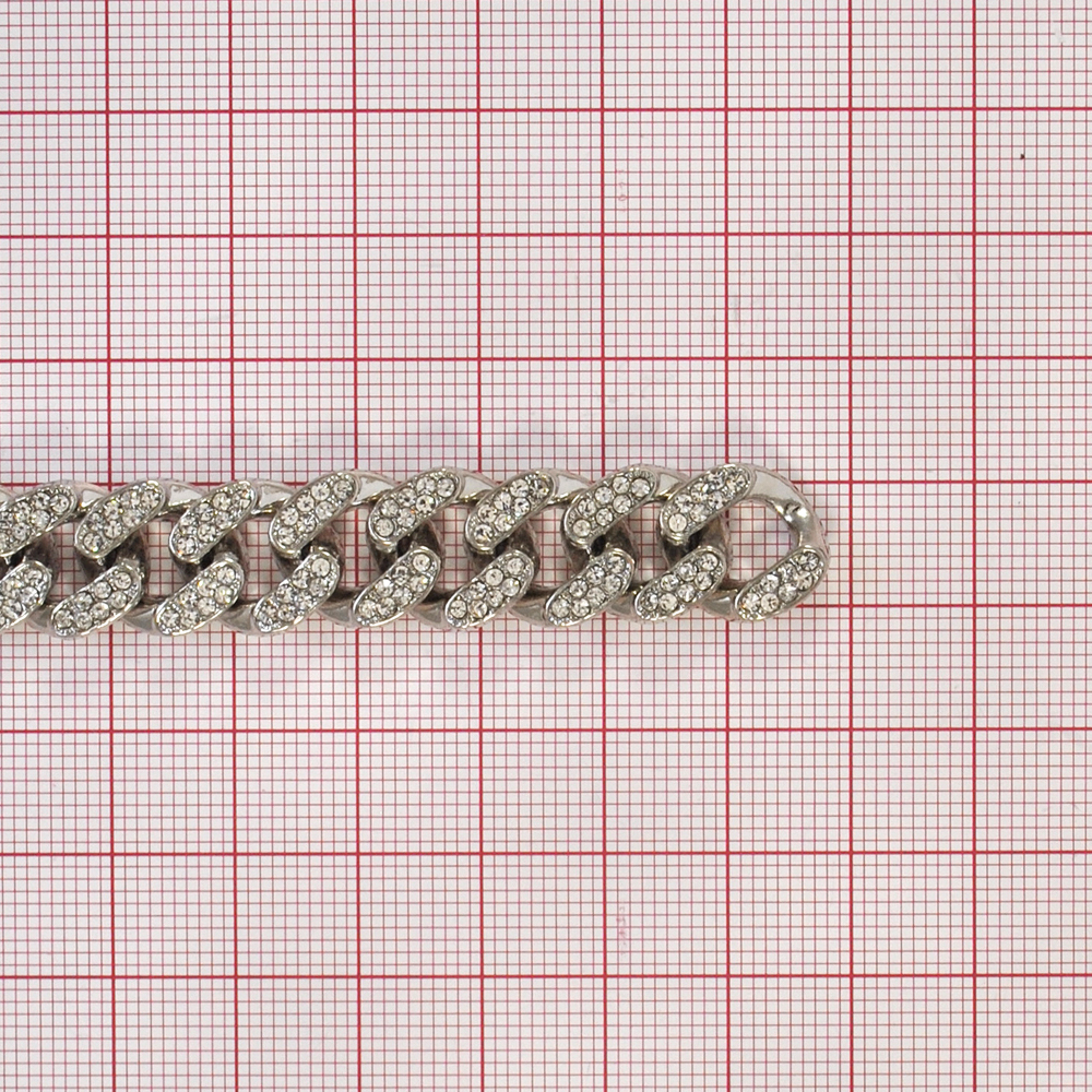 Тесьма стразы Массивная цепь, 1,31см, никель, белый, ярд. Тесьма из страз