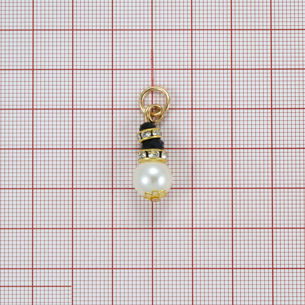 Подвеска Фонарик 10*27мм жемчуг белый, 2 черных, белые камни, GOLD, шт. Подвески