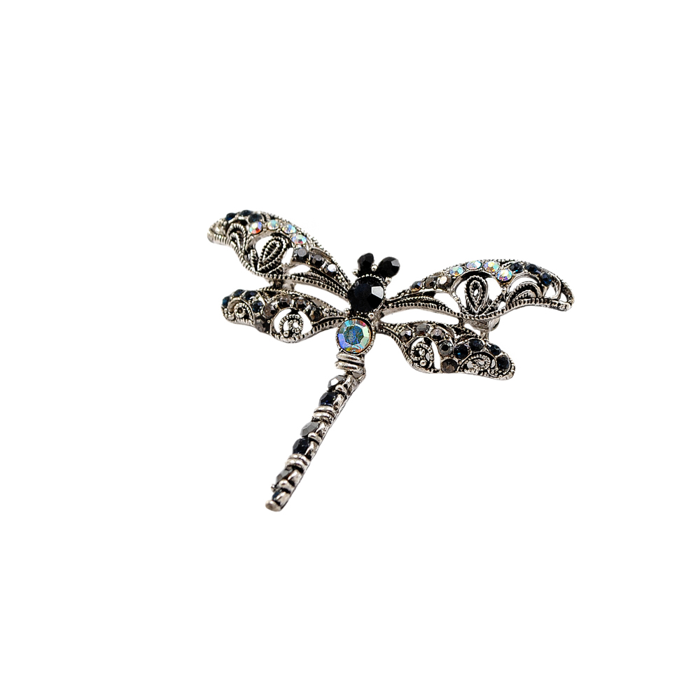 Брошь металлическая со стразами Стрекоза, old silver, черный, белый хамелеон, black diamond, шт. Броши