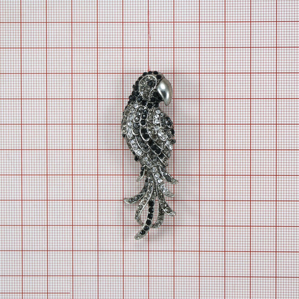 Брошь Попугай old silver, черный, белые камни, шт. Броши