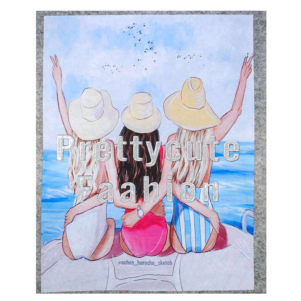 Термоаппликация Три девушки на катере, 8,5*24,3см, желтый, коричневый, белый,  розовый, голубой, шт. Термопереводки Резиновые, Термопленка