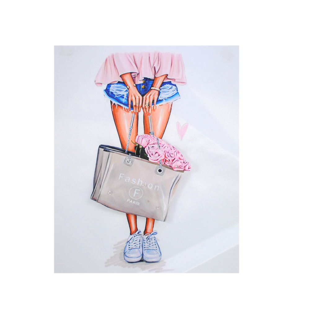 Аппликация тканевая пришивная Девушка ноги, сумка, 18*23,5см, белый, розовый, синий, шт. Аппликации Пришивные Ткань, Органза
