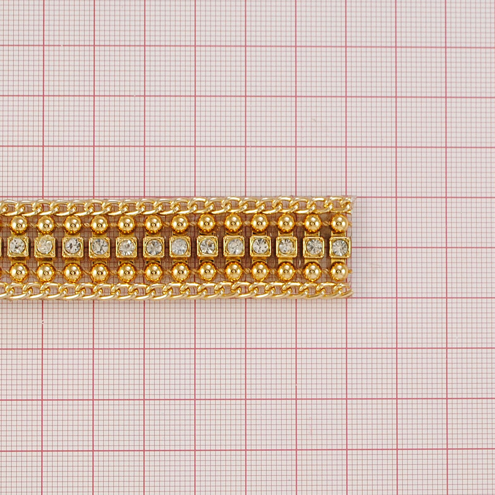 Тесьма стразы клеевые Дорожка1 20мм цепь GOLD, белые камни 3мм, ярд. Тесьма из страз