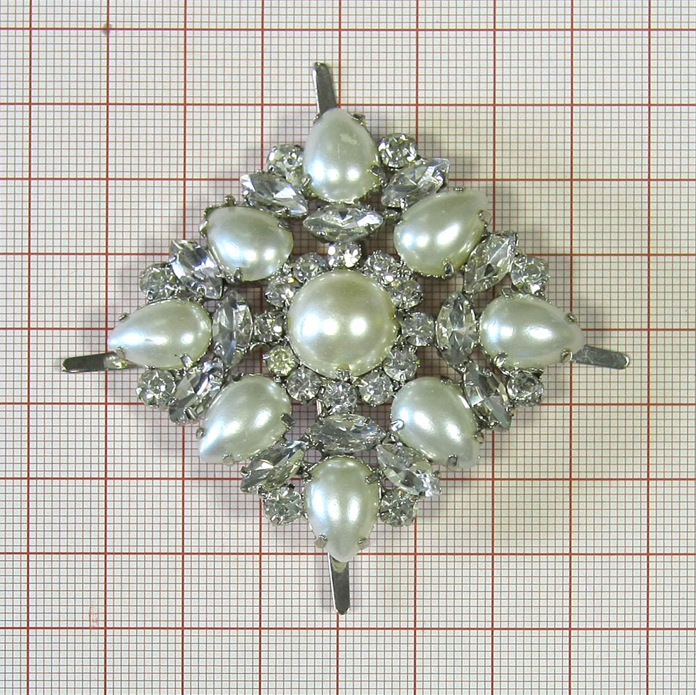 Краб металл Вспышка NIKEL, белые камни, белый жемчуг /50*50мм. Крабы Металл Геометрия Декор