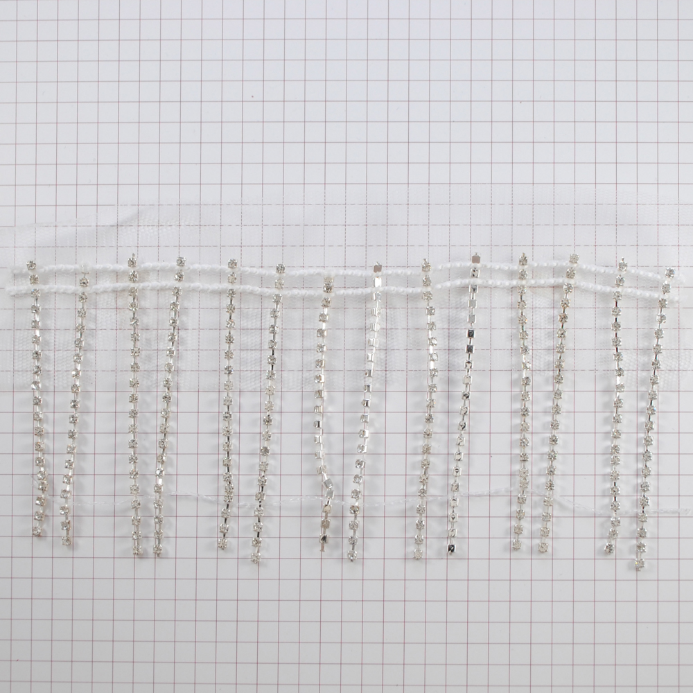 Бахрома из страз на сетке, белая основа, никель, бел.камни, 7см, ярд. Тесьма из страз