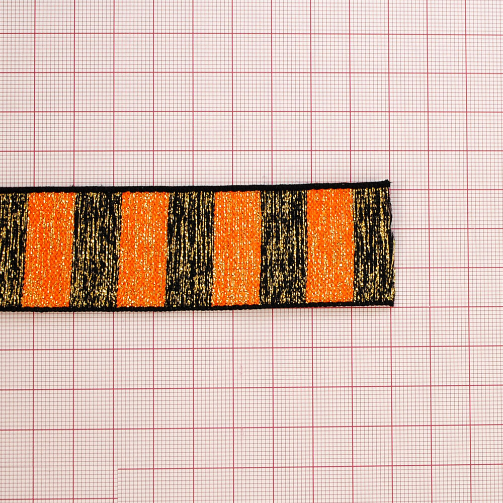 Тесьма 3см, оранжевый, черный, золотой люрекс, 50ярд. Тесьма