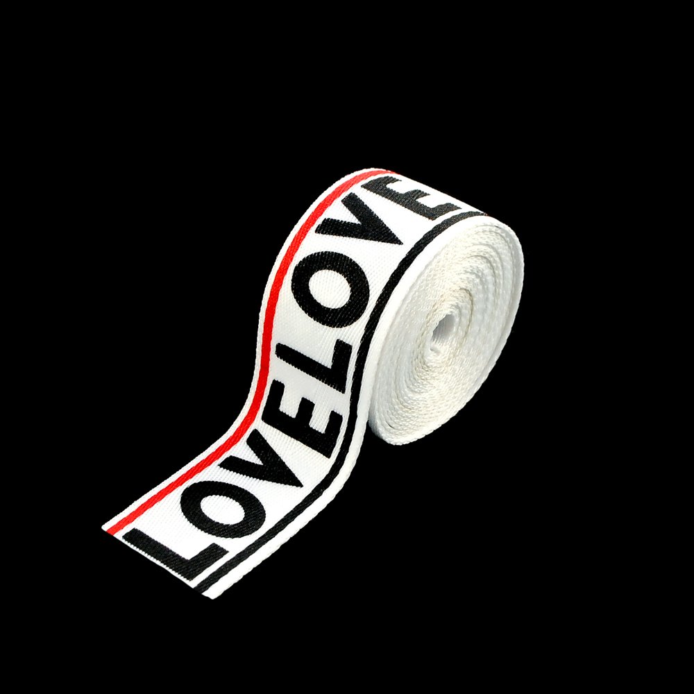 Тесьма LOVE 2,5см белая, черный и красный лого, 50я. Тесьма