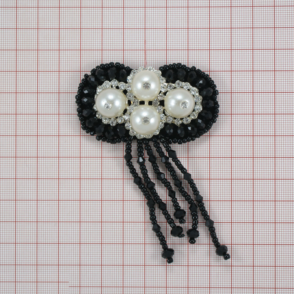Аппликация декор черный бисер, 4 крупные жемчужины. Аппликация Декор