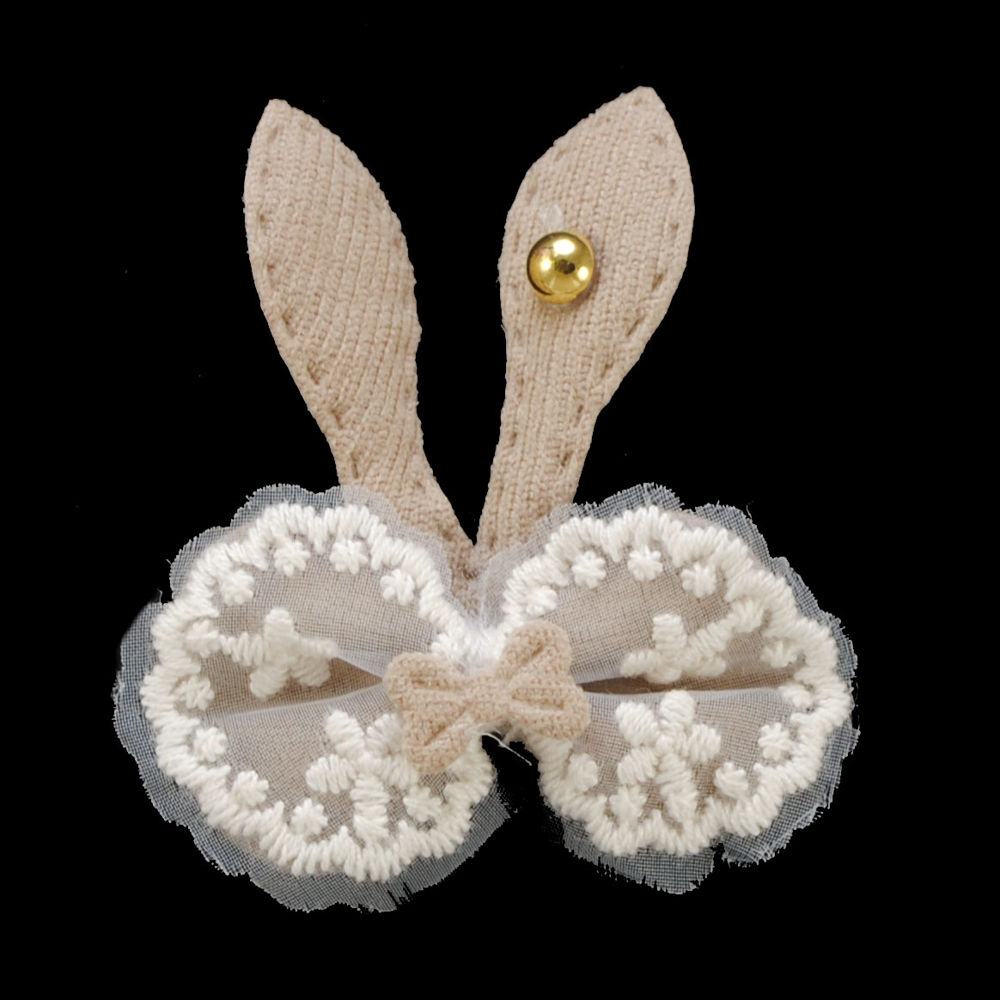 Аппликация тканевая пришивная детская Бант с цветочной вышивкой, 5*6см, бежевый, коричневый, белый, золотая бусина, шт. Аппликации Пришивные Цветы Банты