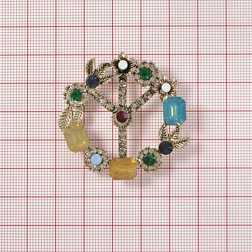 Брошь Y светлое золото, черные, зеленые, белые, голубые маленькие камни, светло-зеленые, желтые большие камни, шт. Броши