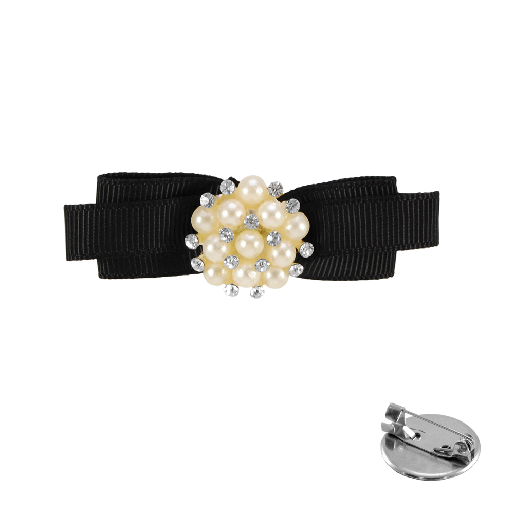 Брошь № 65 Бантик 60*20мм черная, белый жемчуг, шт. Броши