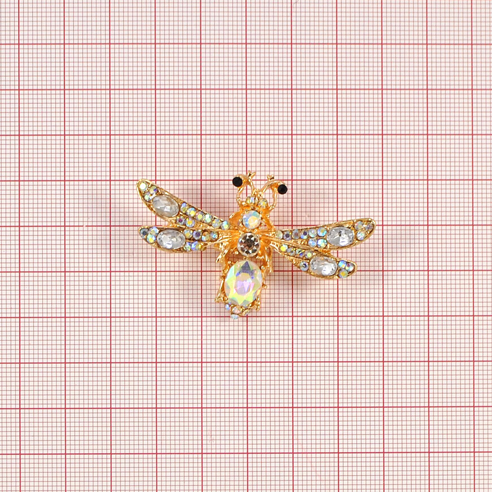 Краб металл Стрекоза 3,5*5,5см, золото, белые, хамелеон камни, шт. Крабы Металл Цветы, Жуки