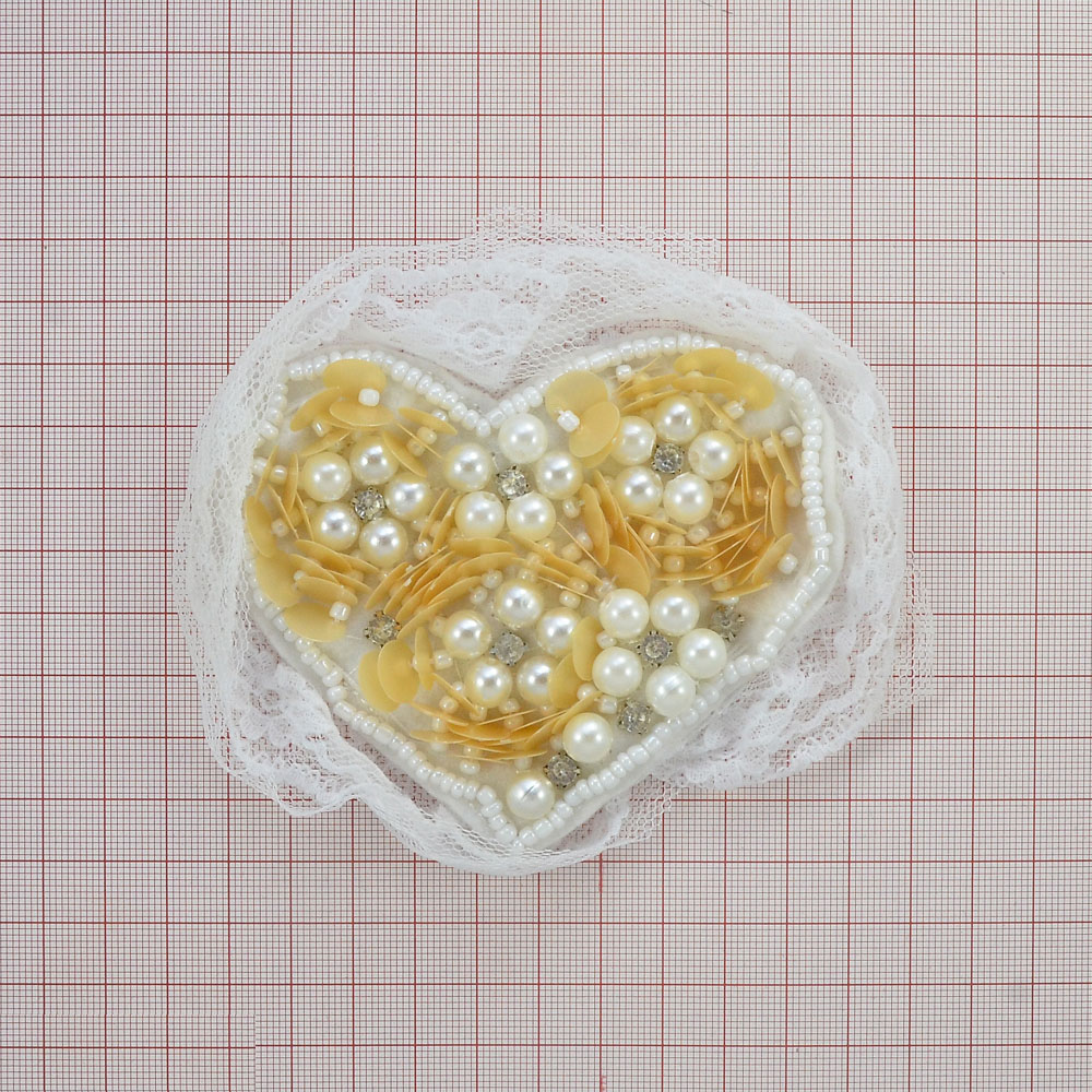 Аппликация декор Сердце-розы белый, крем.пайетки. Аппликация Декор