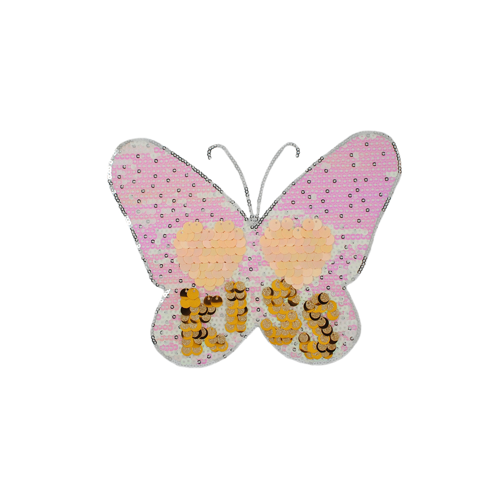Аппликация пришивная пайетки Бабочка KISS, 21*16,5см, золото, розовый, бежевый, светло-зеленый, шт. Аппликации Пришивные Пайетки