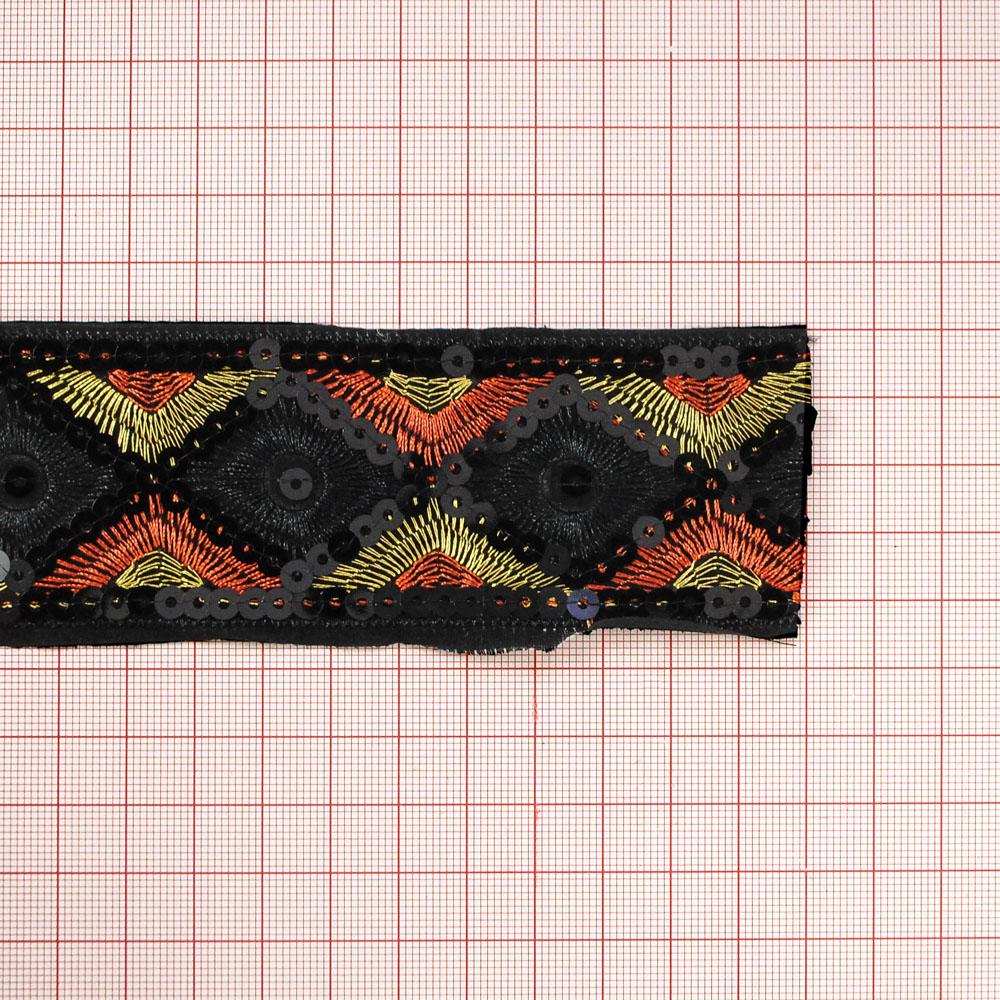 Тесьма Орнамент 4,7см, черный, черные пайетки, черно-красно-золотистая вышивка, 15ярд. Тесьма