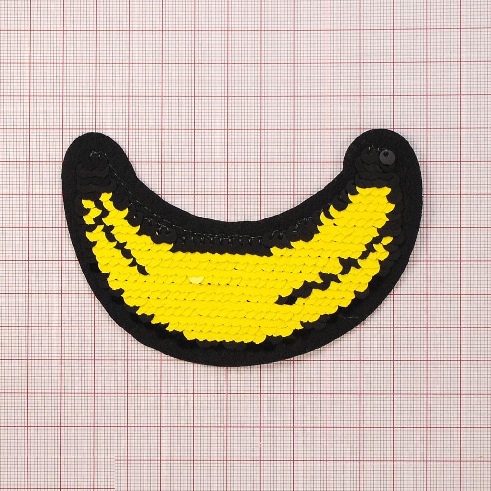 Аппликация клеевая пайетки двусторонняя Банан 7,5*11см, черная, желтая, шт. Аппликации клеевые Пайетки