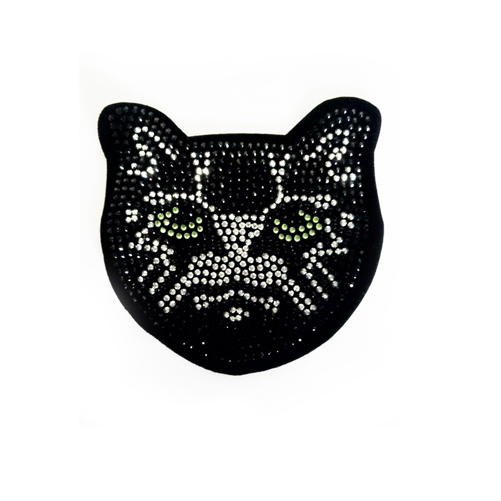 Аппликация пришивная стразы Чеширский Кот 9*9см черный, белые и зеленые камни, шт. Аппликации Пришивные Стразы, Бисер, Металл