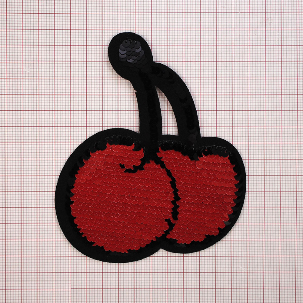 Аппликация клеевая пайетки двусторонняя Вишенки 12*14см черные и красные пайетки, шт. Аппликации клеевые Пайетки