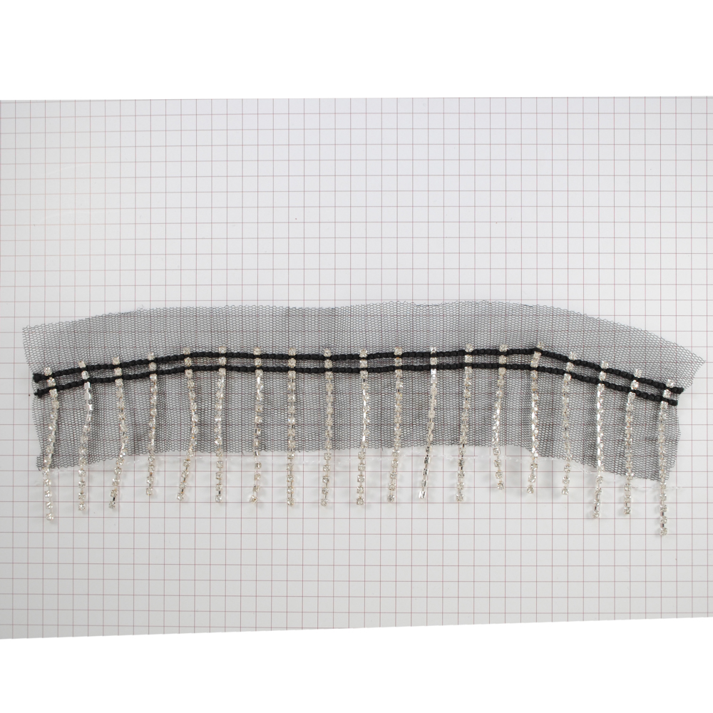 Бахрома из страз на сетке, черная основа, никель, бел.камни, 5см, ярд. Тесьма из страз