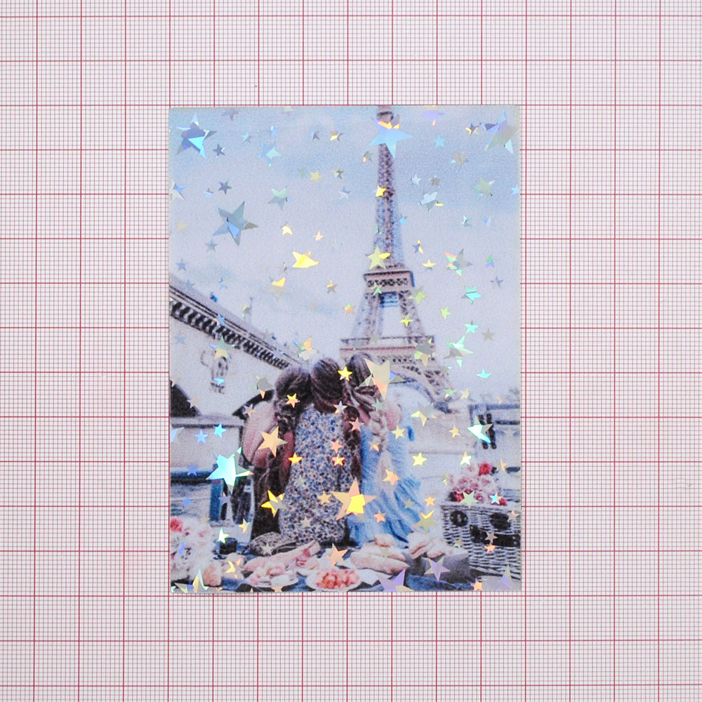 Аппликация клеенка пришивная Девушки, Эйфелева Башня, 8*11см, белый, голубой, розовый, звезды хамелеон, шт. Аппликации Пришивные Резина, Силикон