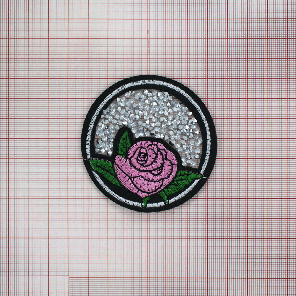 Аппликация клеевая стразы Роза в круге 7*7см черный, розовый, зеленый, белый, белые камни, шт. Аппликации клеевые Стразы