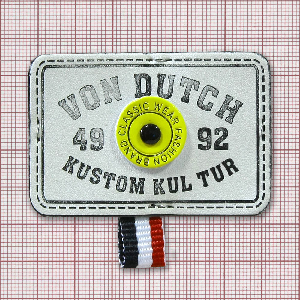 Лейба кожзам VON DUTCH 55*37 бело-желтый, лента. Лейба Кожзам