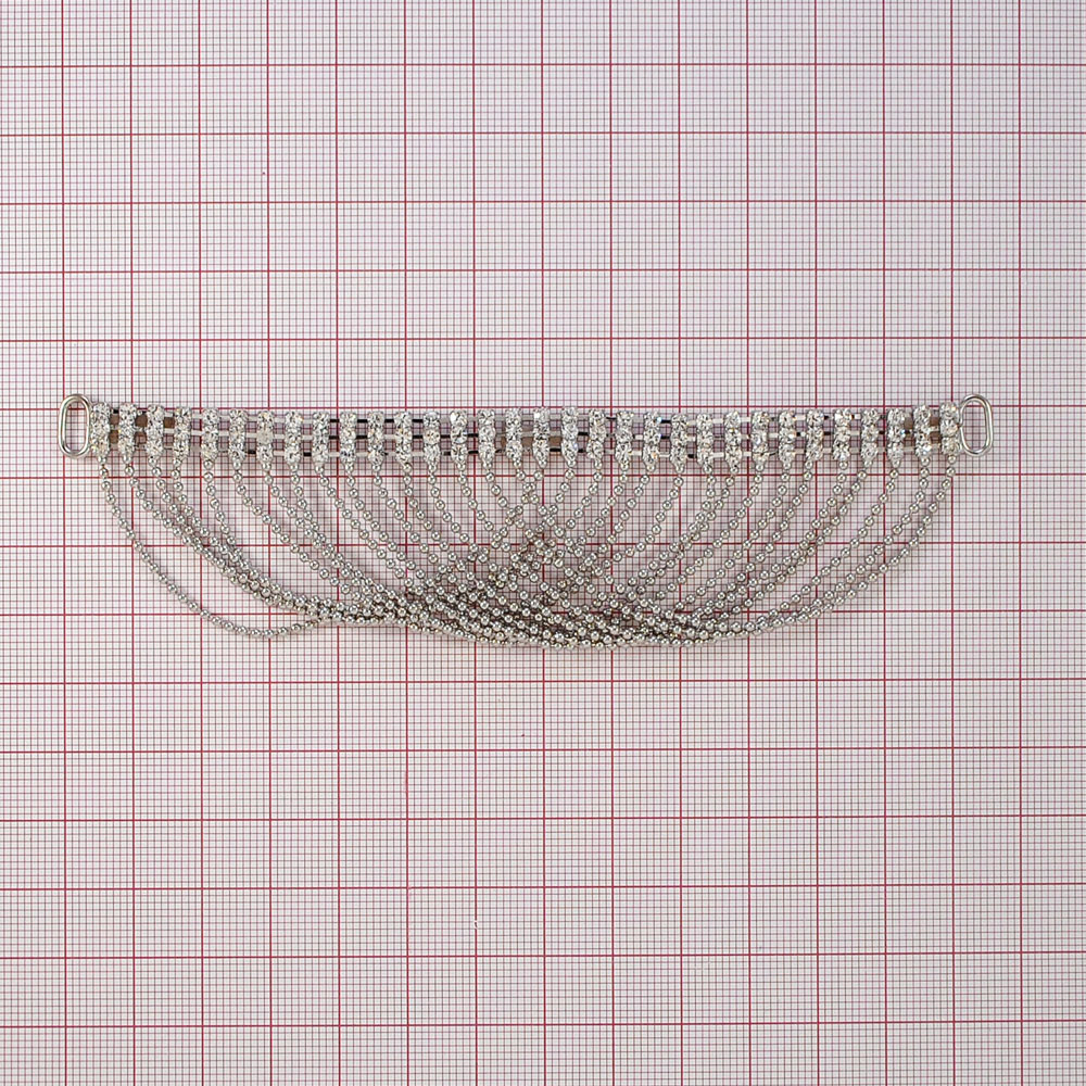 Укр.стекл. 9880 перетяж. 3,8*1,7см NIKEL, 32*3 мелк.бел.камни, 16 тонких сплетен.цепочек. Перетяжка металл со стразами