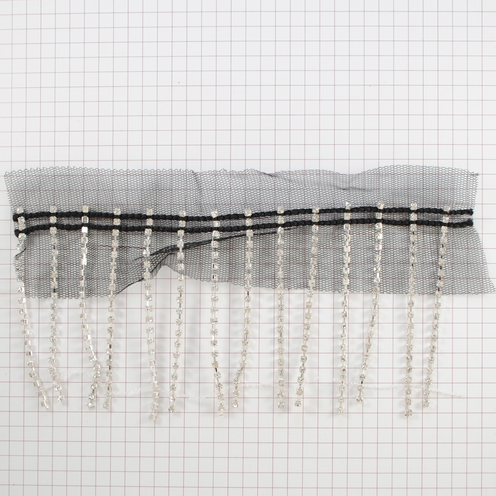 Бахрома из страз на сетке, черная основа, никель, бел.камни, 7см, ярд. Тесьма из страз